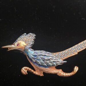 Vintage ULTRA Roadrunner Bird Brooch / Pin w/Blue Rhinestones